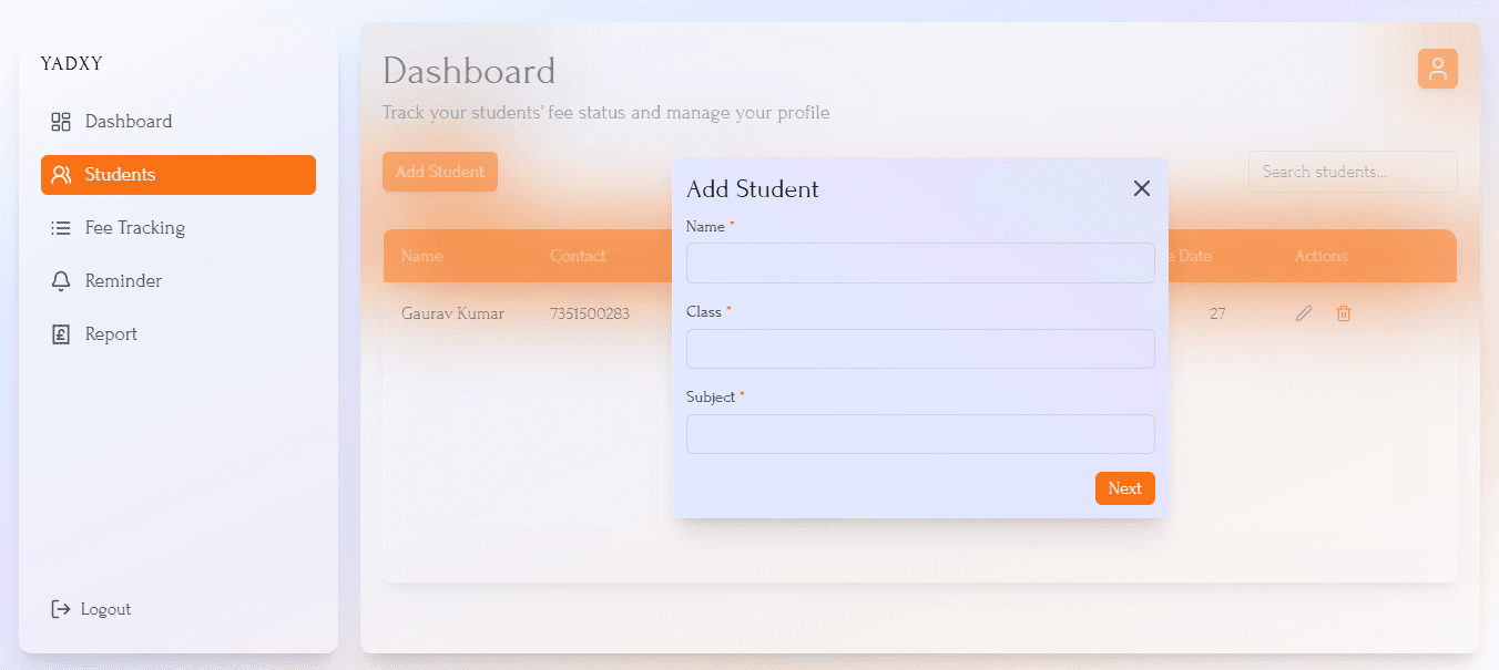 Add Student / Students Section Screenshot